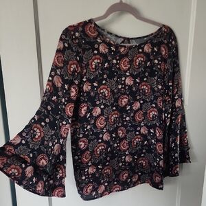 LOFT Navy Floral Bell-Sleeve Blouse